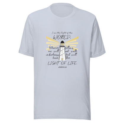 Light blue unisex short sleeve t-shirt that has John 8:12 scripture featuring a light house with light rays coming from it. 