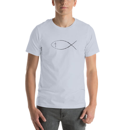 Light blue Unisex short sleeve t-shirt with Christan fish and cross. 