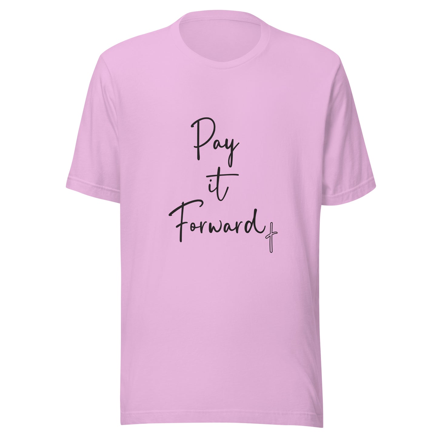 Lilac unisex short sleeve t-shirt that says Pay if Forward with a small cross.