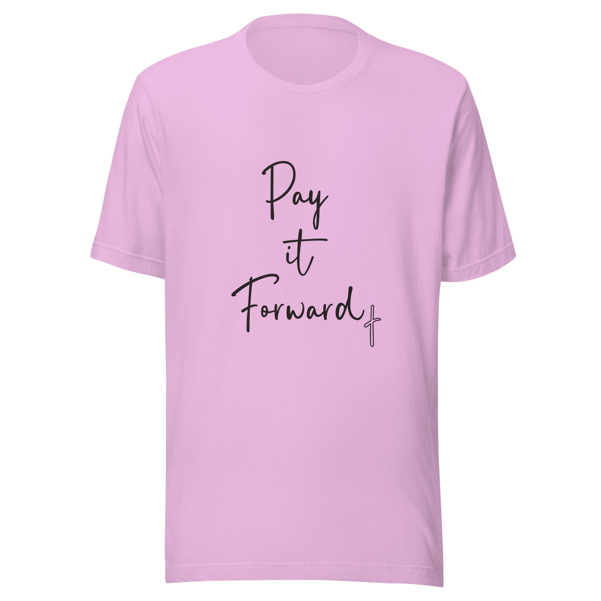 Lilac unisex short sleeve t-shirt that says Pay if Forward with a small cross.