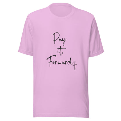 Lilac unisex short sleeve t-shirt that says Pay if Forward with a small cross.