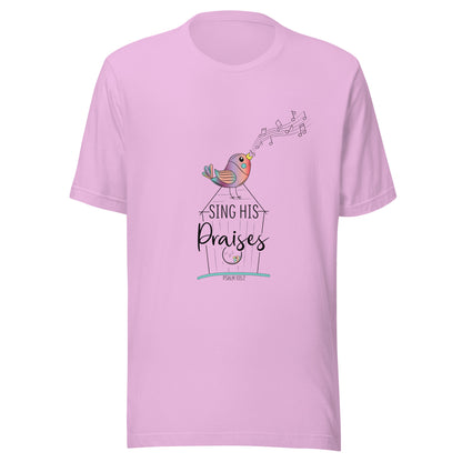 Lilac short sleeve unisex tee with a multi-colored bird with musical notes on a black inked birdhouse that says Sing His Praises.