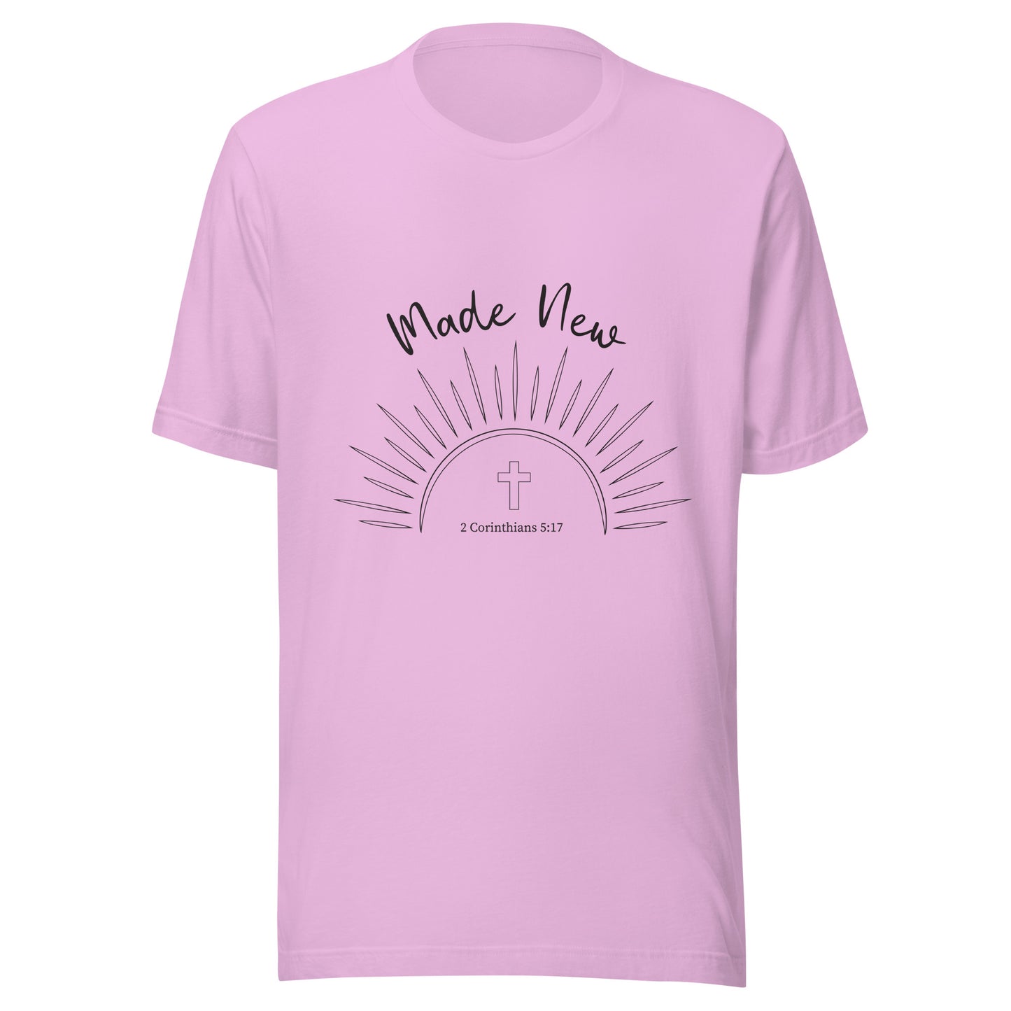 Lilac short sleeve unisex t-shirt with a Sun and rays below the words 'Made New' and inside the sun is a cross and 2 Corinthians 5:17.