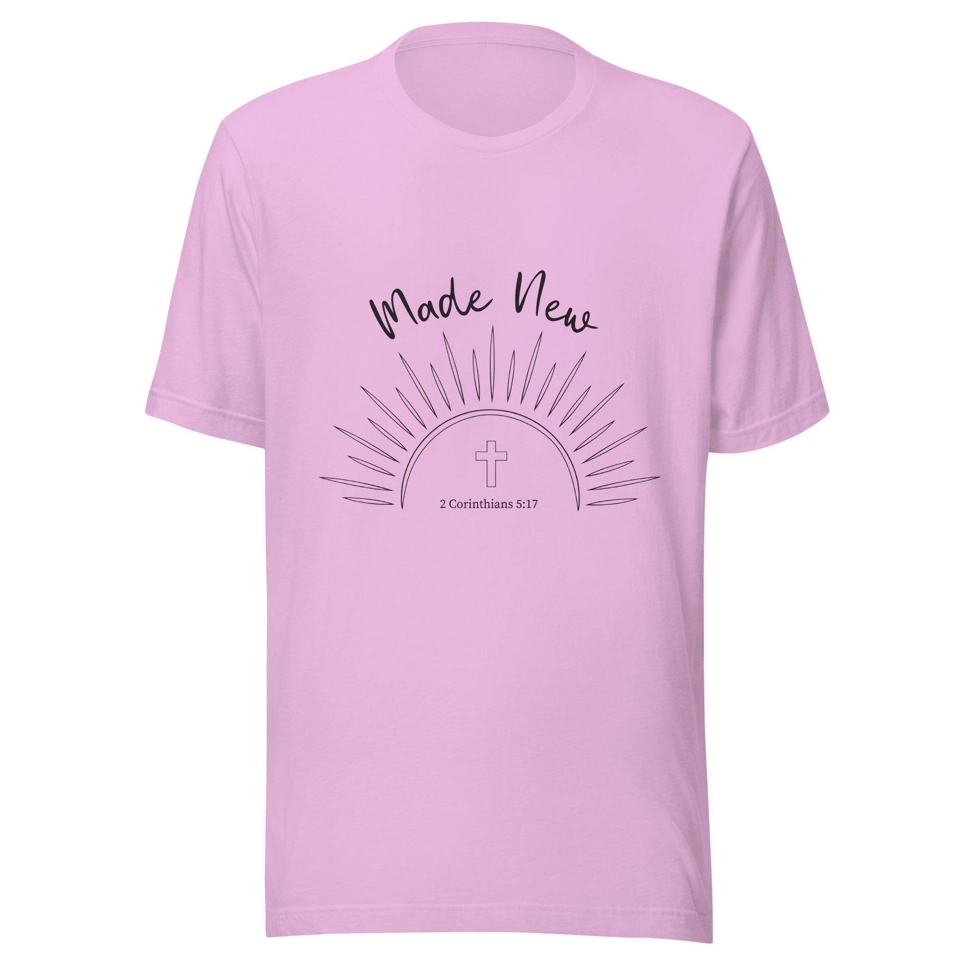 Lilac short sleeve unisex t-shirt with a Sun and rays below the words 'Made New' and inside the sun is a cross and 2 Corinthians 5:17.