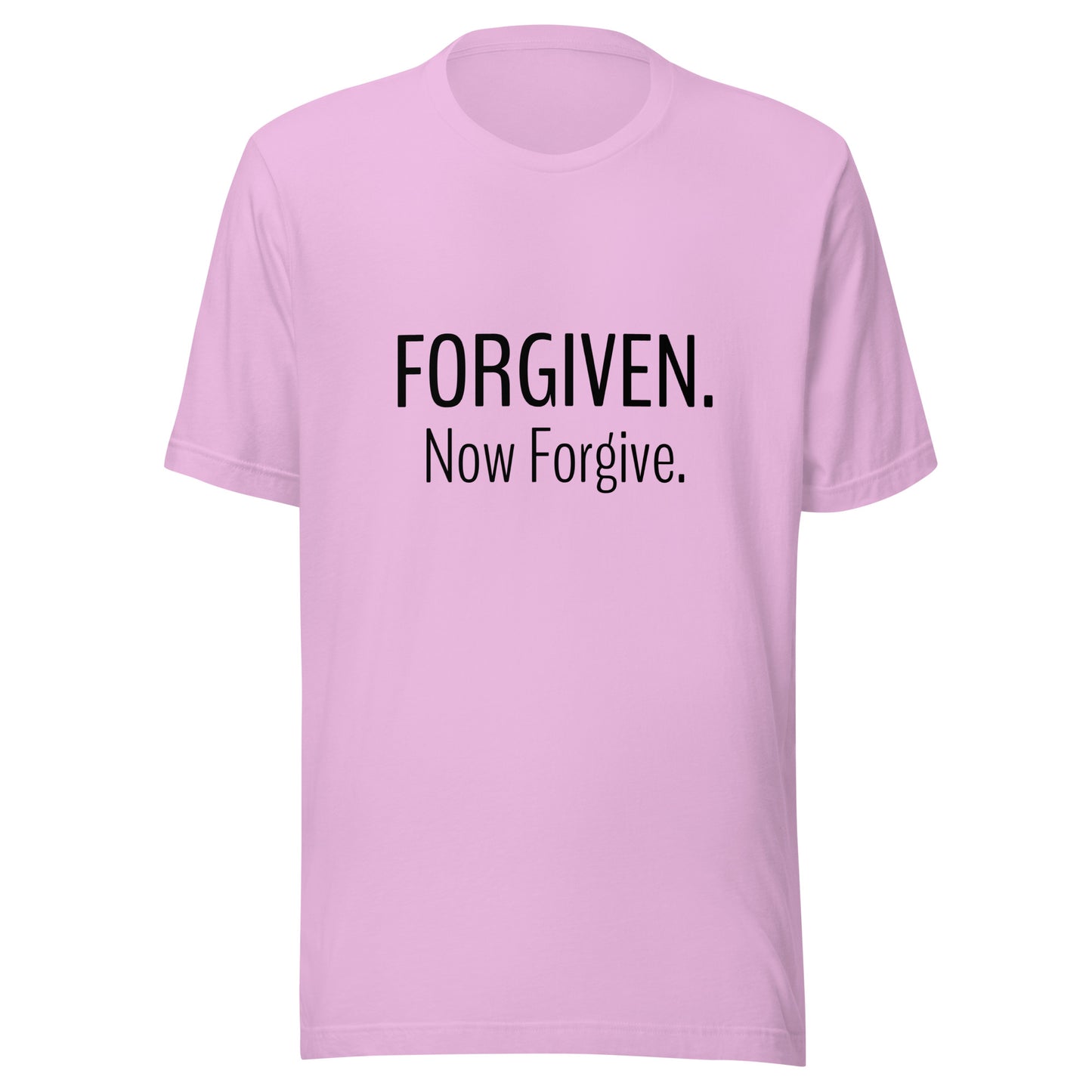 Lilac unisex short sleeve t-shirt that states Forgiven Now Forgive.