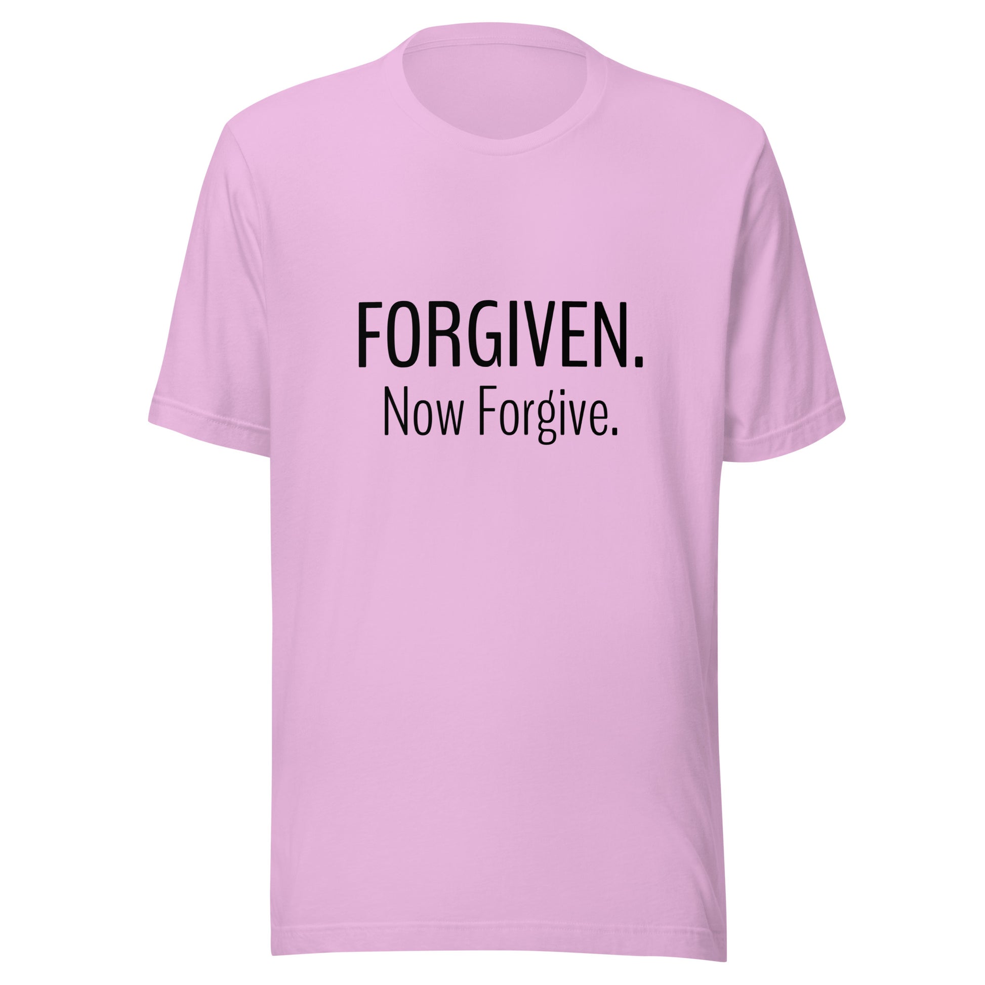 Lilac unisex short sleeve t-shirt that states Forgiven Now Forgive.