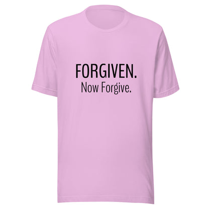 Lilac unisex short sleeve t-shirt that states Forgiven Now Forgive.