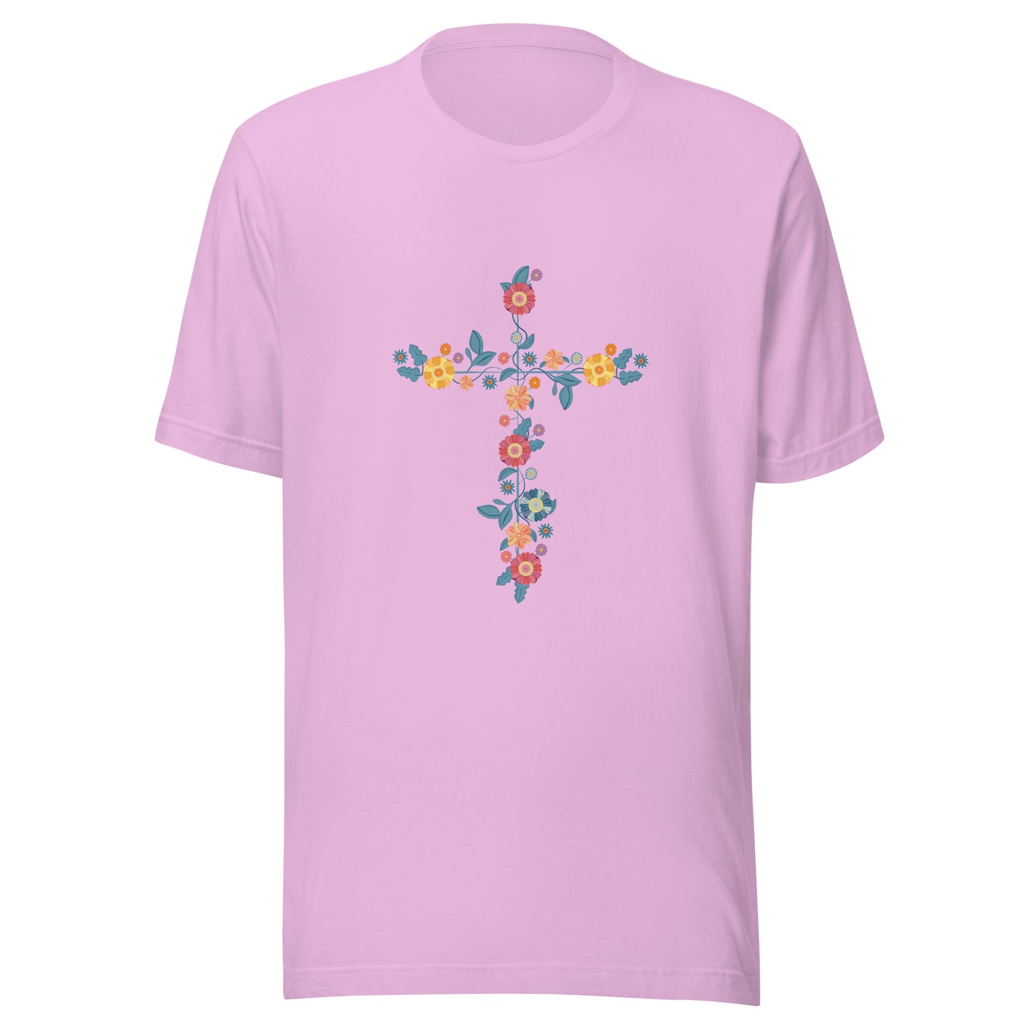 Lilac unisex short sleeve t-shirt that has a multi-colored delicate floral cross.