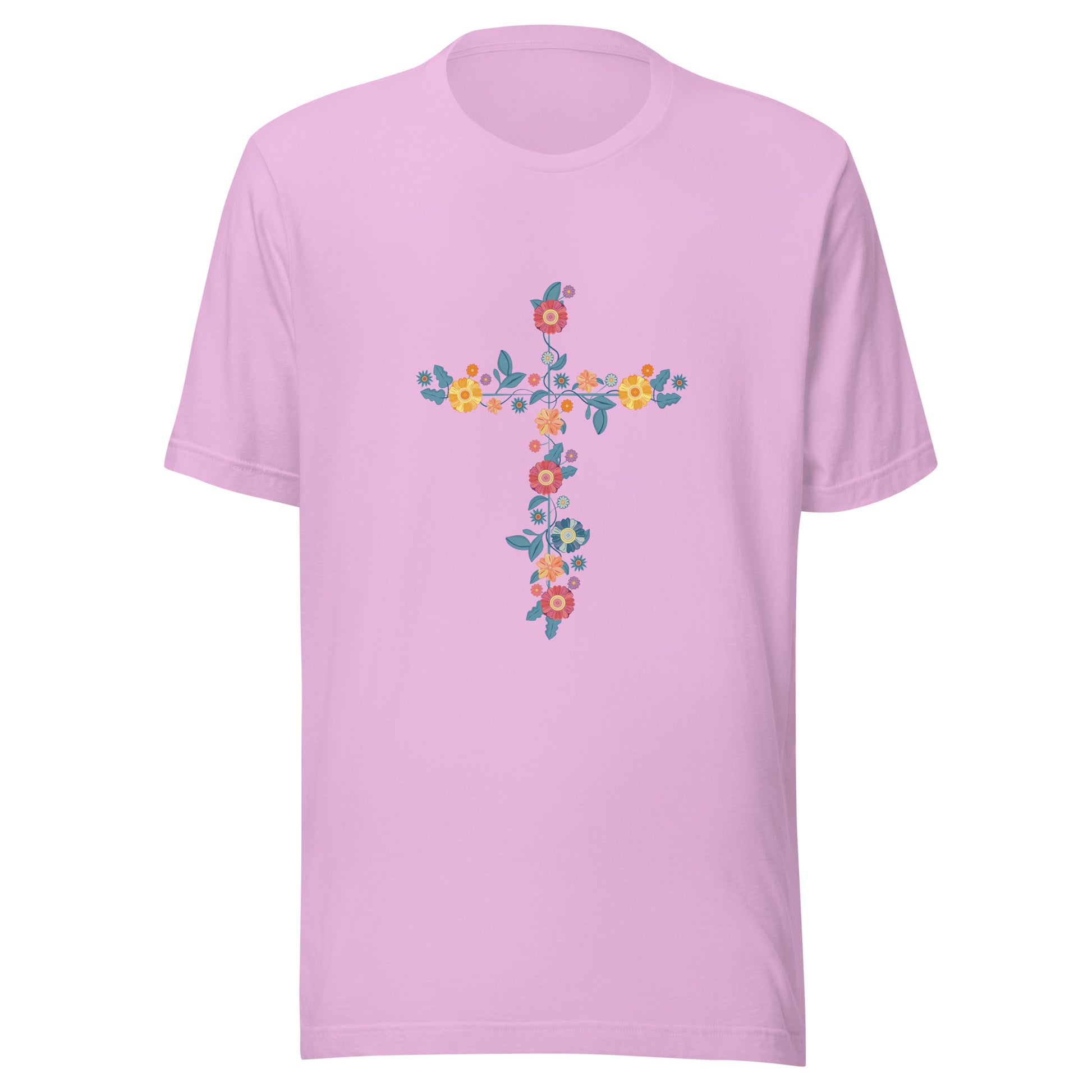 Lilac unisex short sleeve t-shirt that has a multi-colored delicate floral cross.