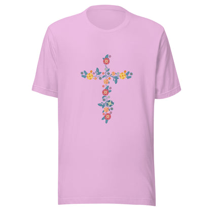 Lilac unisex short sleeve t-shirt that has a multi-colored delicate floral cross.