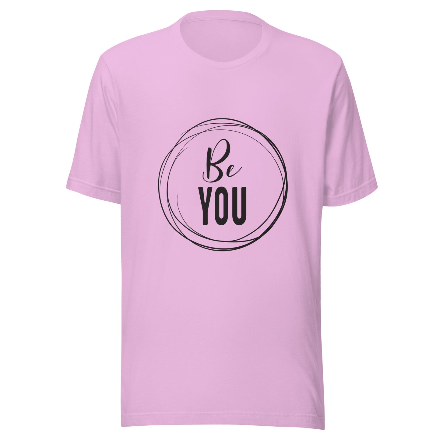 Lilac unisex short sleeve t-shirt that says 'Be you' inside of a circle.