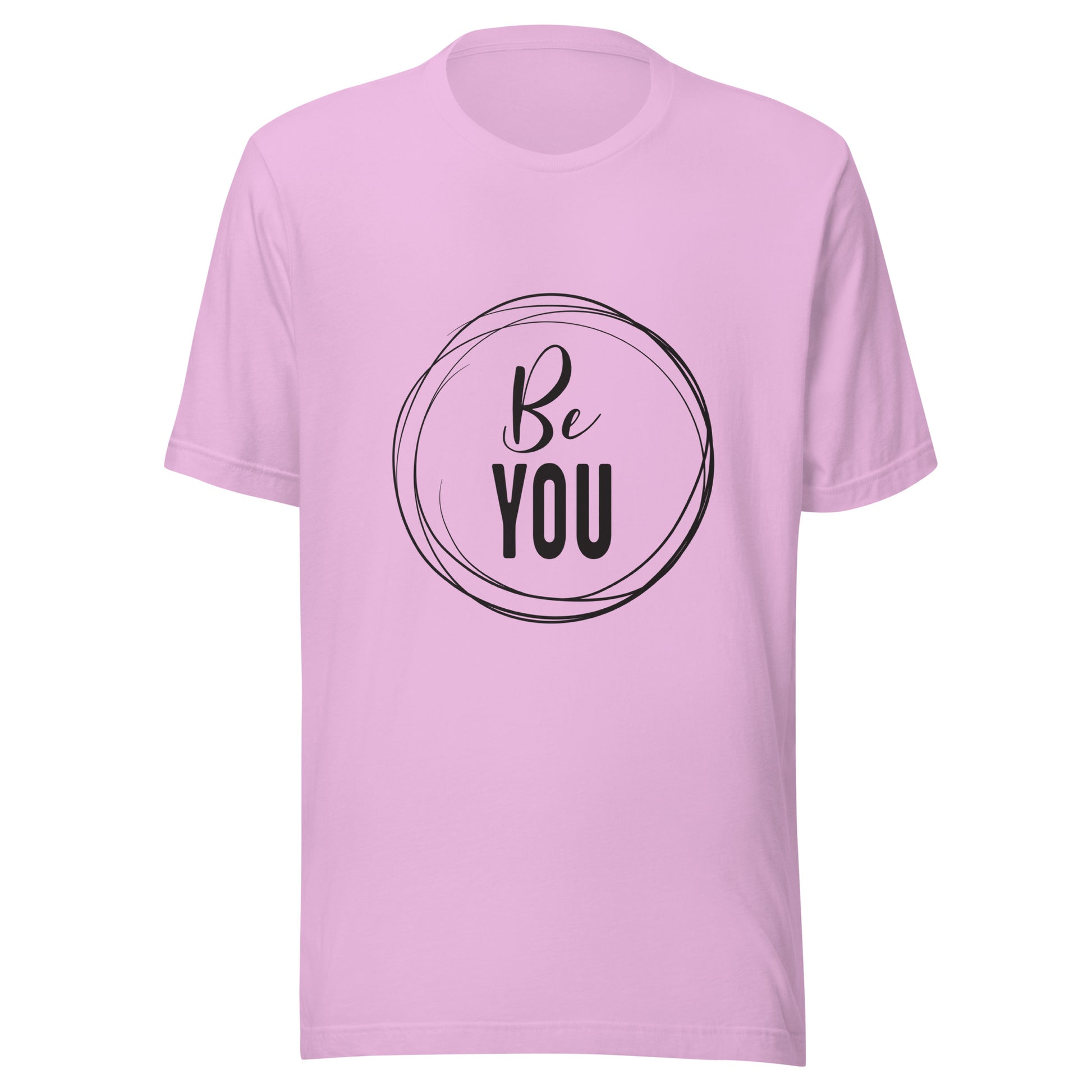 Lilac unisex short sleeve t-shirt that says 'Be you' inside of a circle.