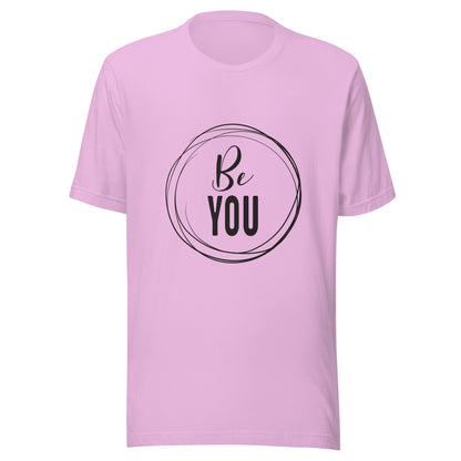 Lilac unisex short sleeve t-shirt that says 'Be you' inside of a circle.