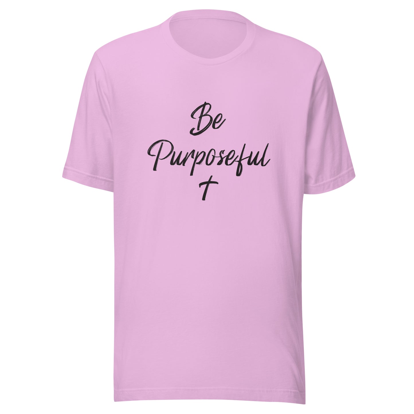 Lilac unisex short sleeve t-shirt that says Be Purposeful with a Christian cross under it.