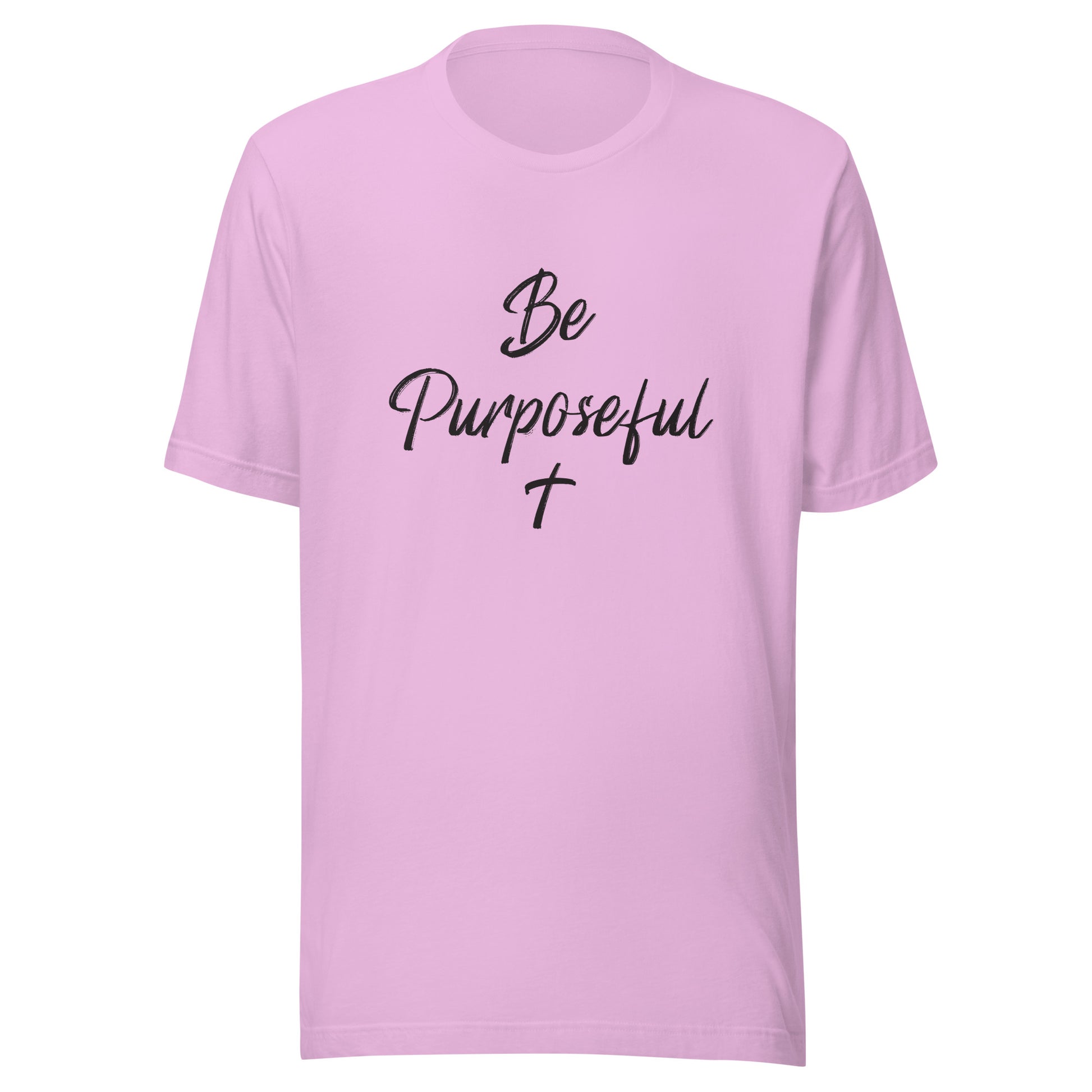 Lilac unisex short sleeve t-shirt that says Be Purposeful with a Christian cross under it.