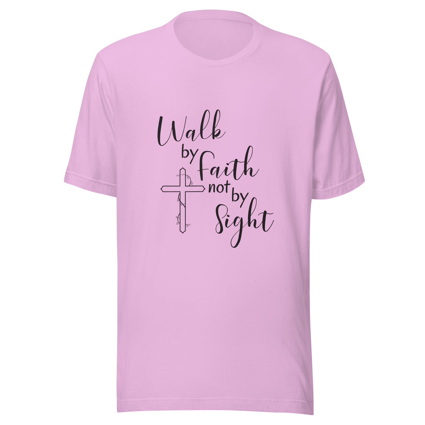 Lilac unisex short sleeve t-shirt that says Walk by faith not by sight and has a cross with ivy. 
