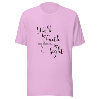 Lilac unisex short sleeve t-shirt that says Walk by faith not by sight and has a cross with ivy. 
