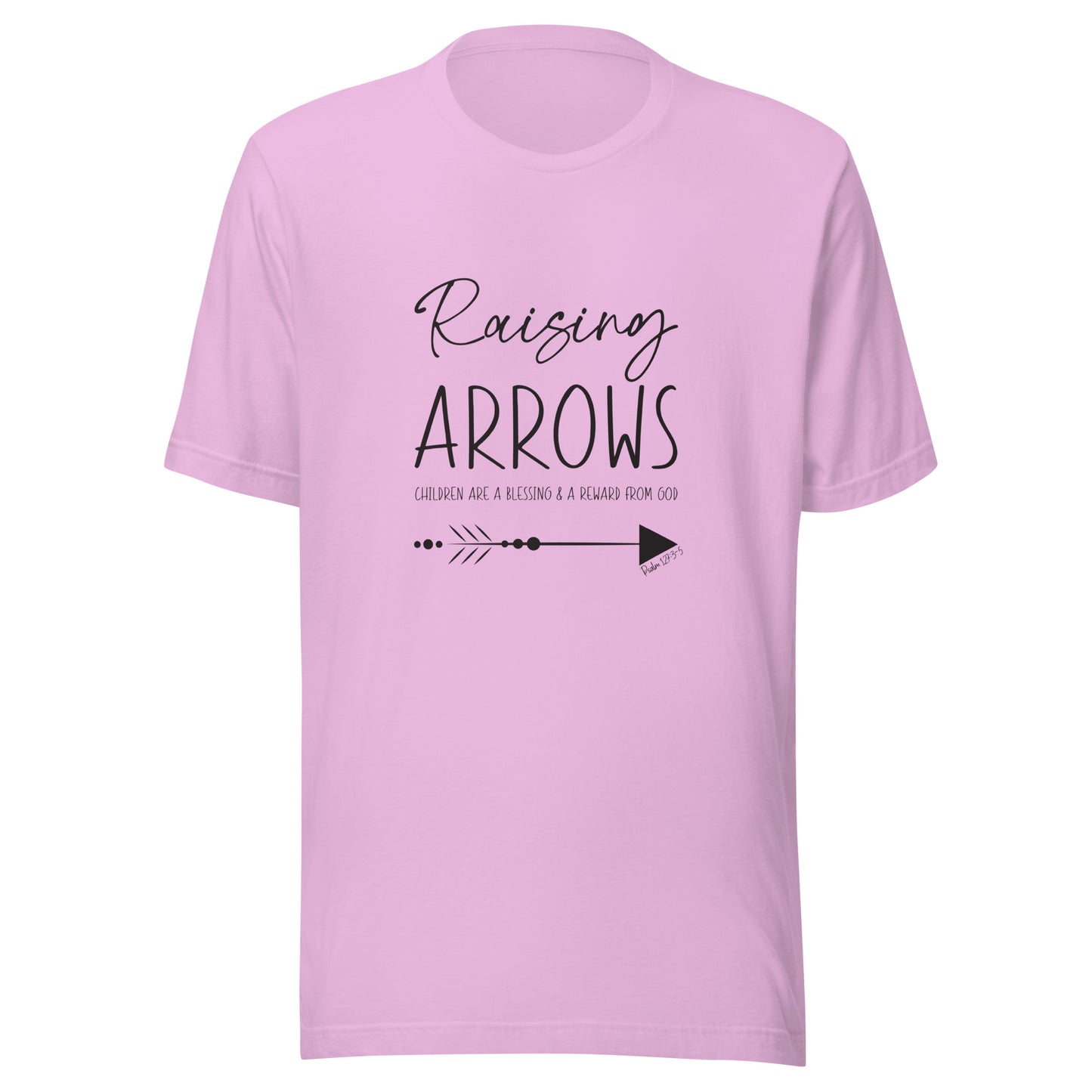 Lilac unisex short sleeve t-shirt that says Raising arrows and Psalm 127:3 written above a single arrow.