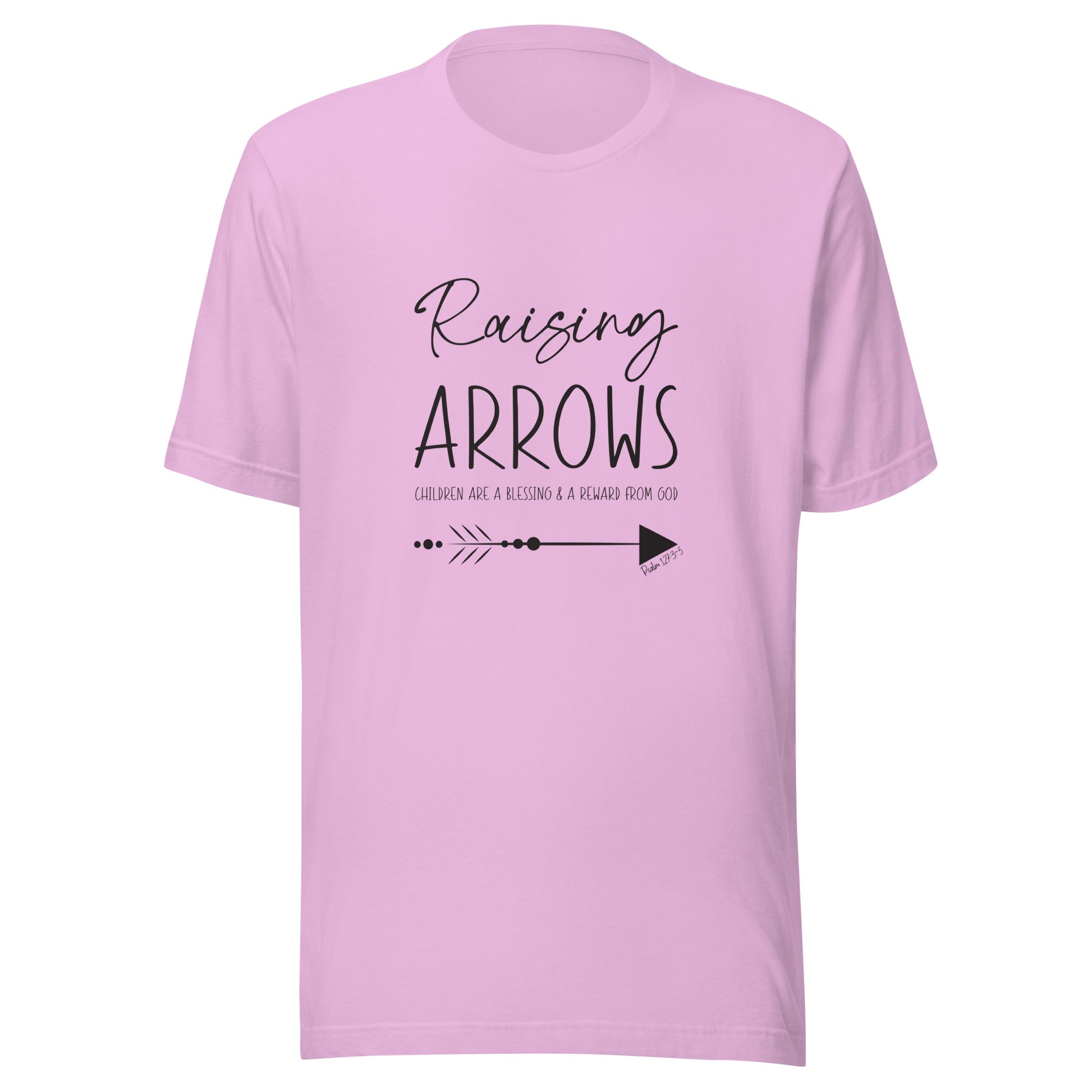 Lilac unisex short sleeve t-shirt that says Raising arrows and Psalm 127:3 written above a single arrow.