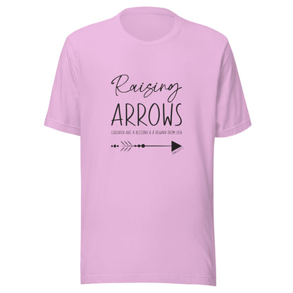 Lilac unisex short sleeve t-shirt that says Raising arrows and Psalm 127:3 written above a single arrow.