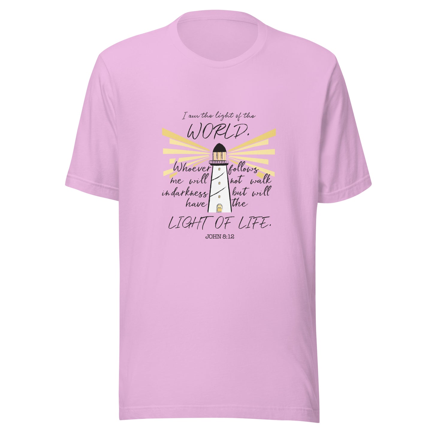 Lilac unisex short sleeve t-shirt that has John 8:12 scripture featuring a light house with light rays coming from it. 