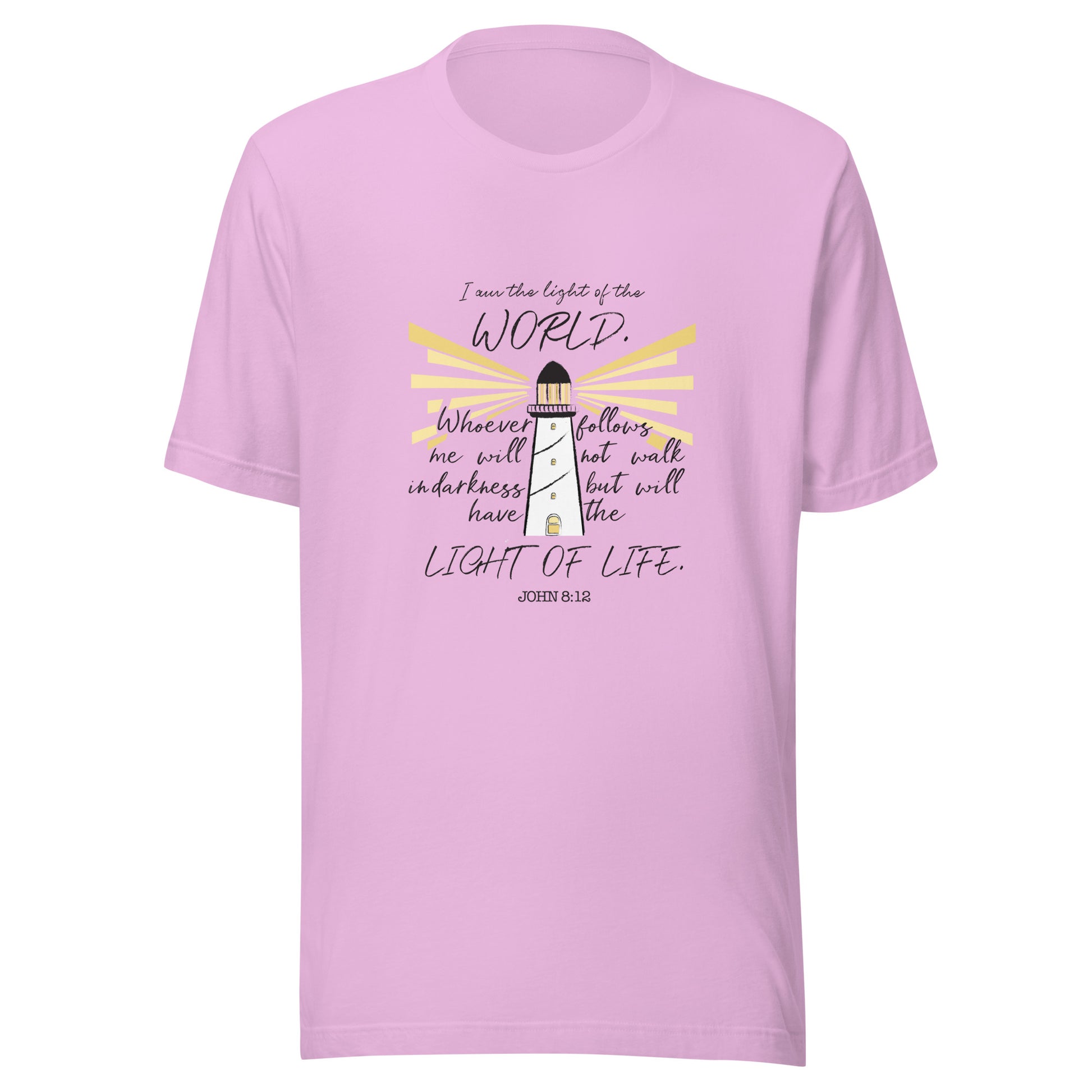 Lilac unisex short sleeve t-shirt that has John 8:12 scripture featuring a light house with light rays coming from it. 
