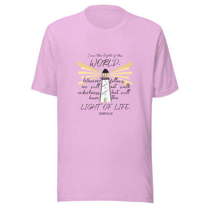 Lilac unisex short sleeve t-shirt that has John 8:12 scripture featuring a light house with light rays coming from it. 