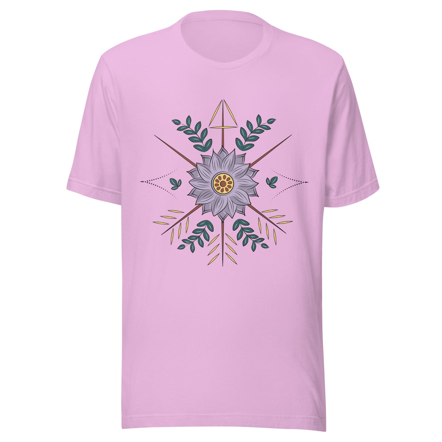 Lilac unisex short sleeve t-shirt with a purple flower with arrow surrounding it.