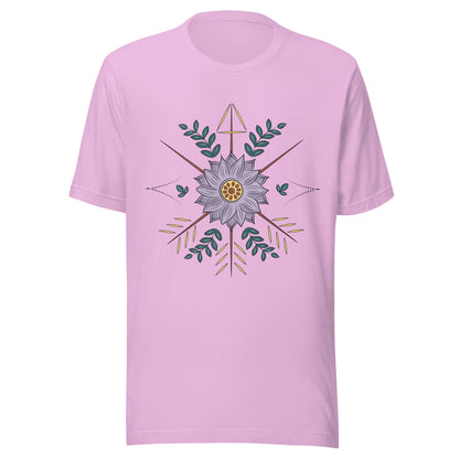 Lilac unisex short sleeve t-shirt with a purple flower with arrow surrounding it.