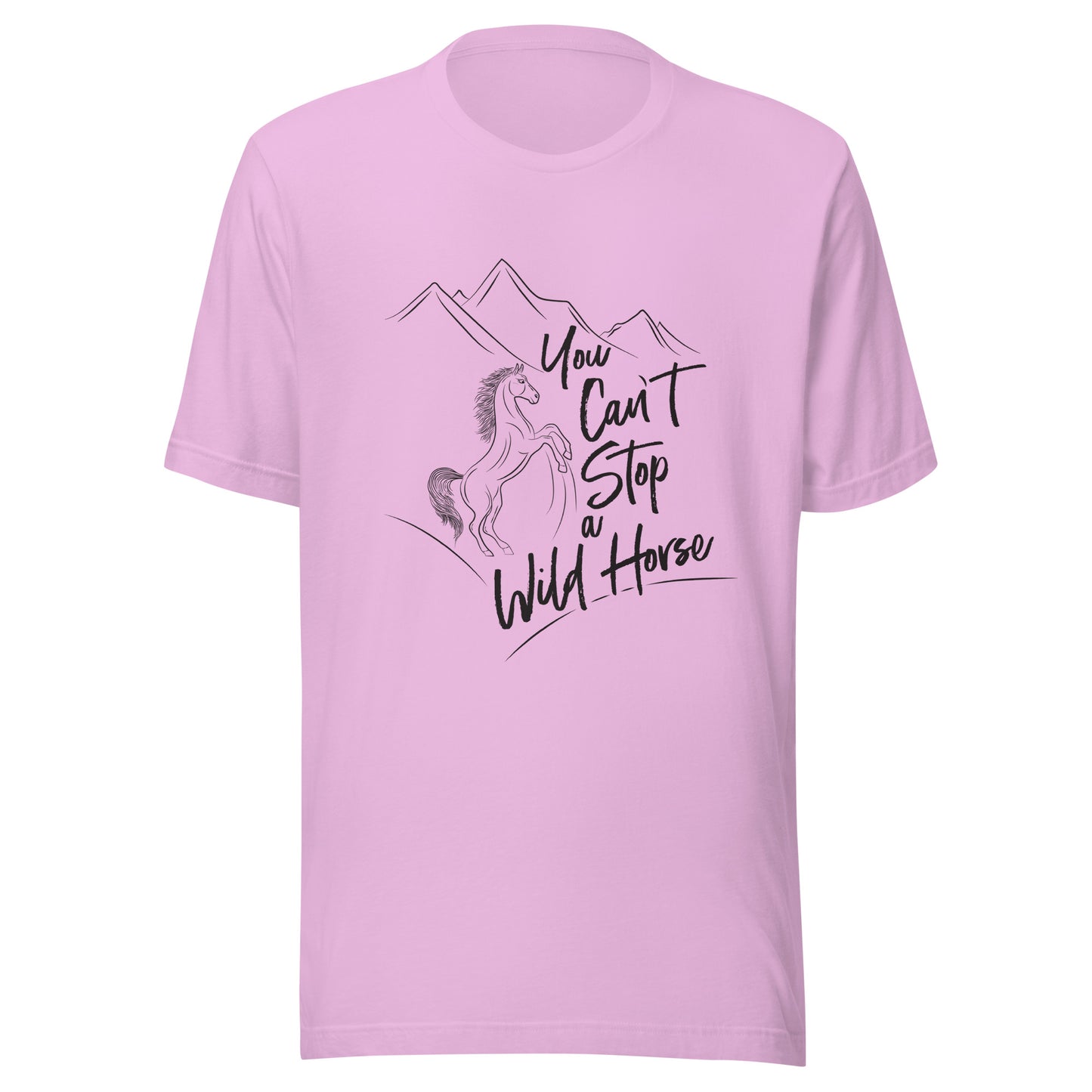 Lilac unisex short sleeve t-shirt that states 'You can't stop a wild horse' with a horse rearing up and mountains in the background.