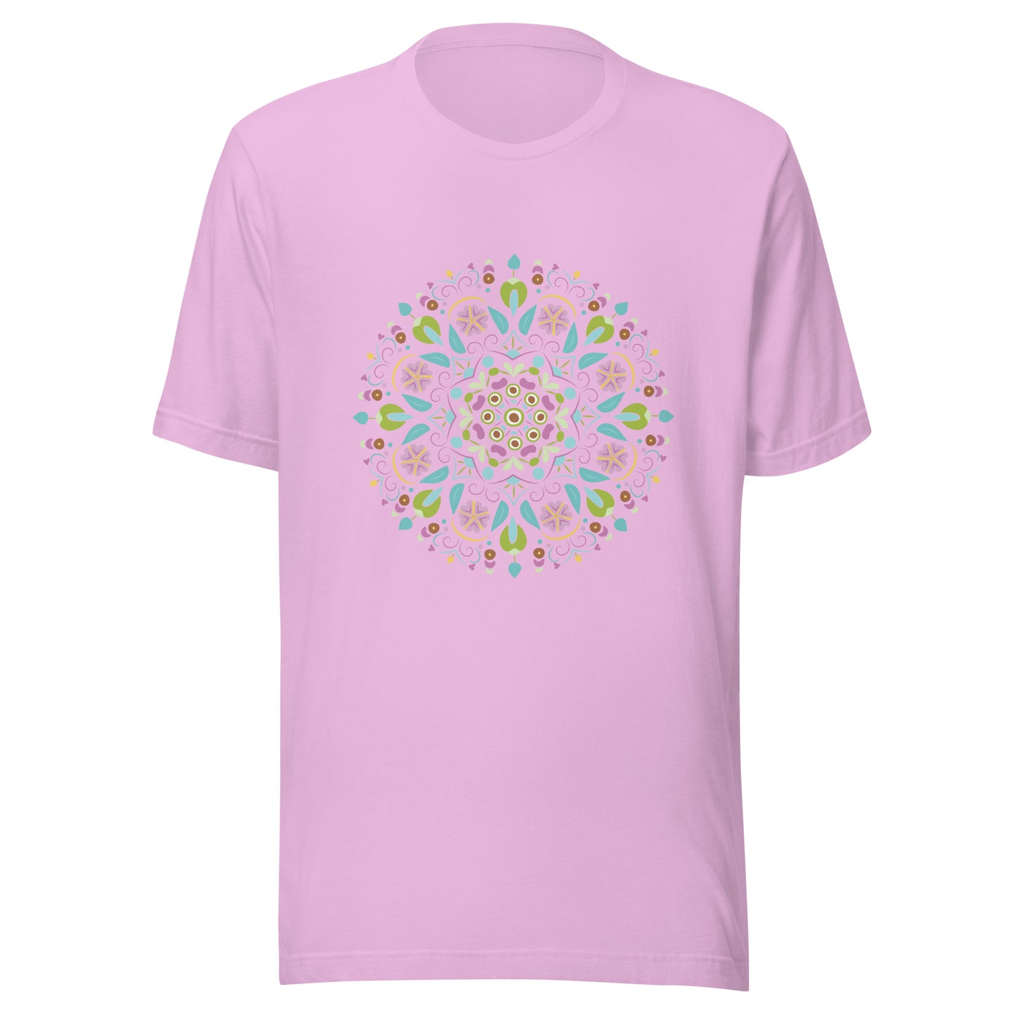 Lilac unisex short sleeve  t-shirt with a Scandanavian style mandala multi-colored.