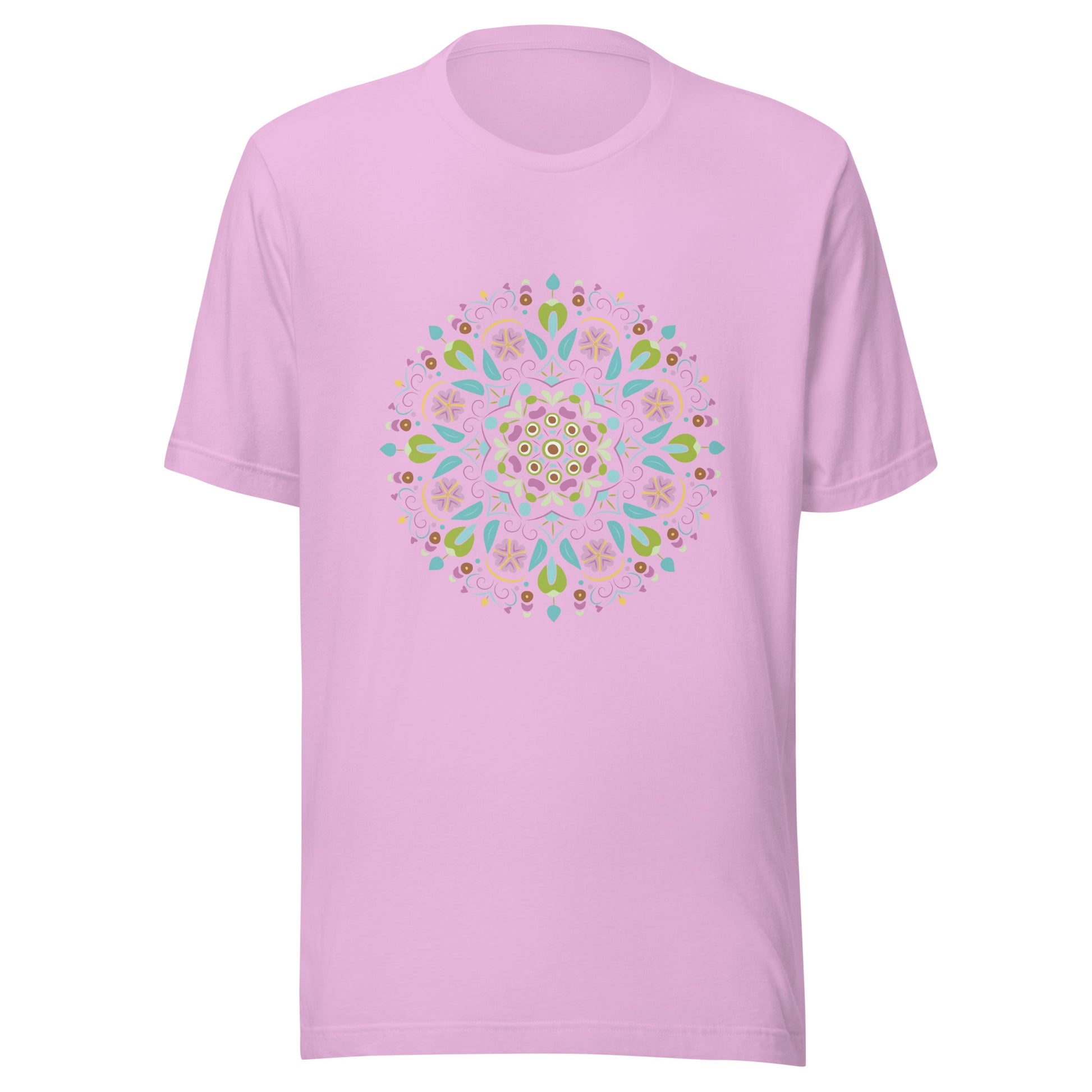 Lilac unisex short sleeve  t-shirt with a Scandanavian style mandala multi-colored.