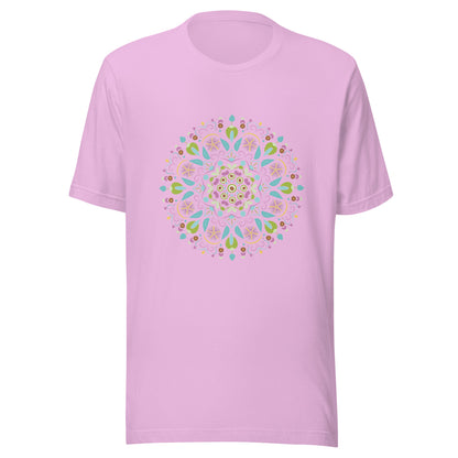 Lilac unisex short sleeve  t-shirt with a Scandanavian style mandala multi-colored.