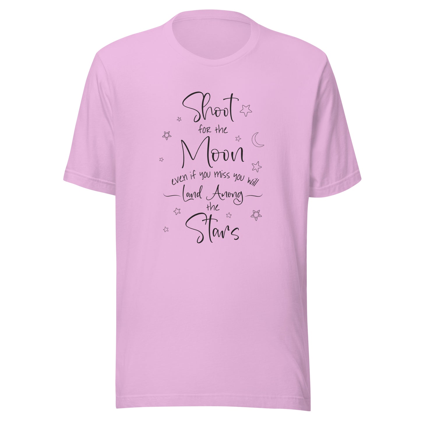 Lilac unisex t-shirt that says 'Shoot for the moon even if you miss you will land among the stars' with a moon and scattered stars.