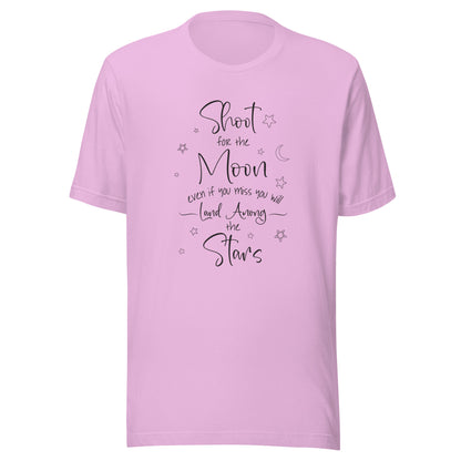 Lilac unisex t-shirt that says 'Shoot for the moon even if you miss you will land among the stars' with a moon and scattered stars.
