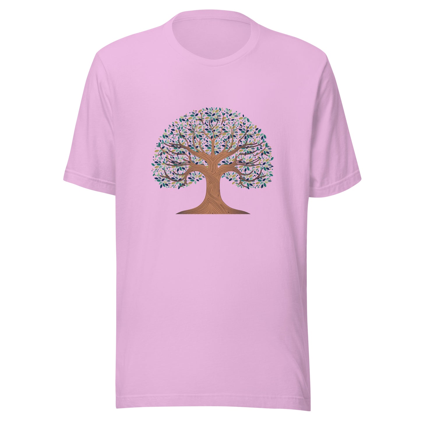 Lilac unisex t-shirt with a tree of life with colorful leaves. 