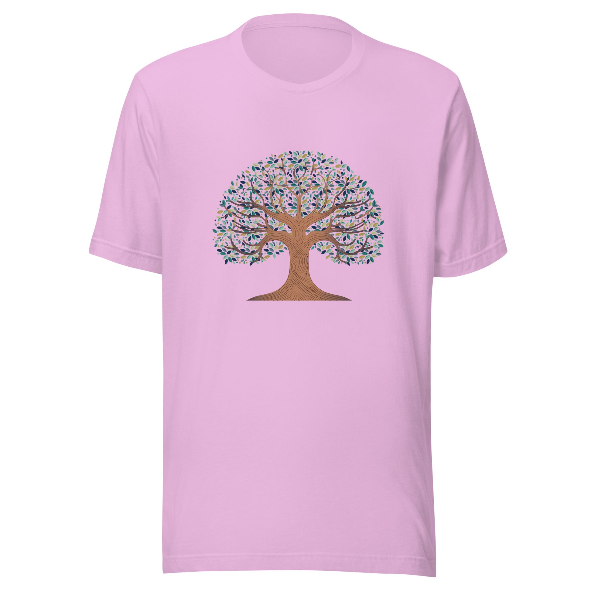 Lilac unisex t-shirt with a tree of life with colorful leaves. 