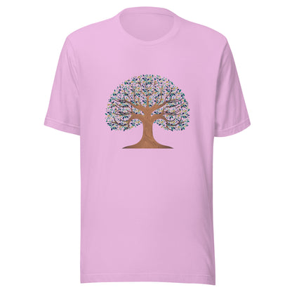 Lilac unisex t-shirt with a tree of life with colorful leaves. 