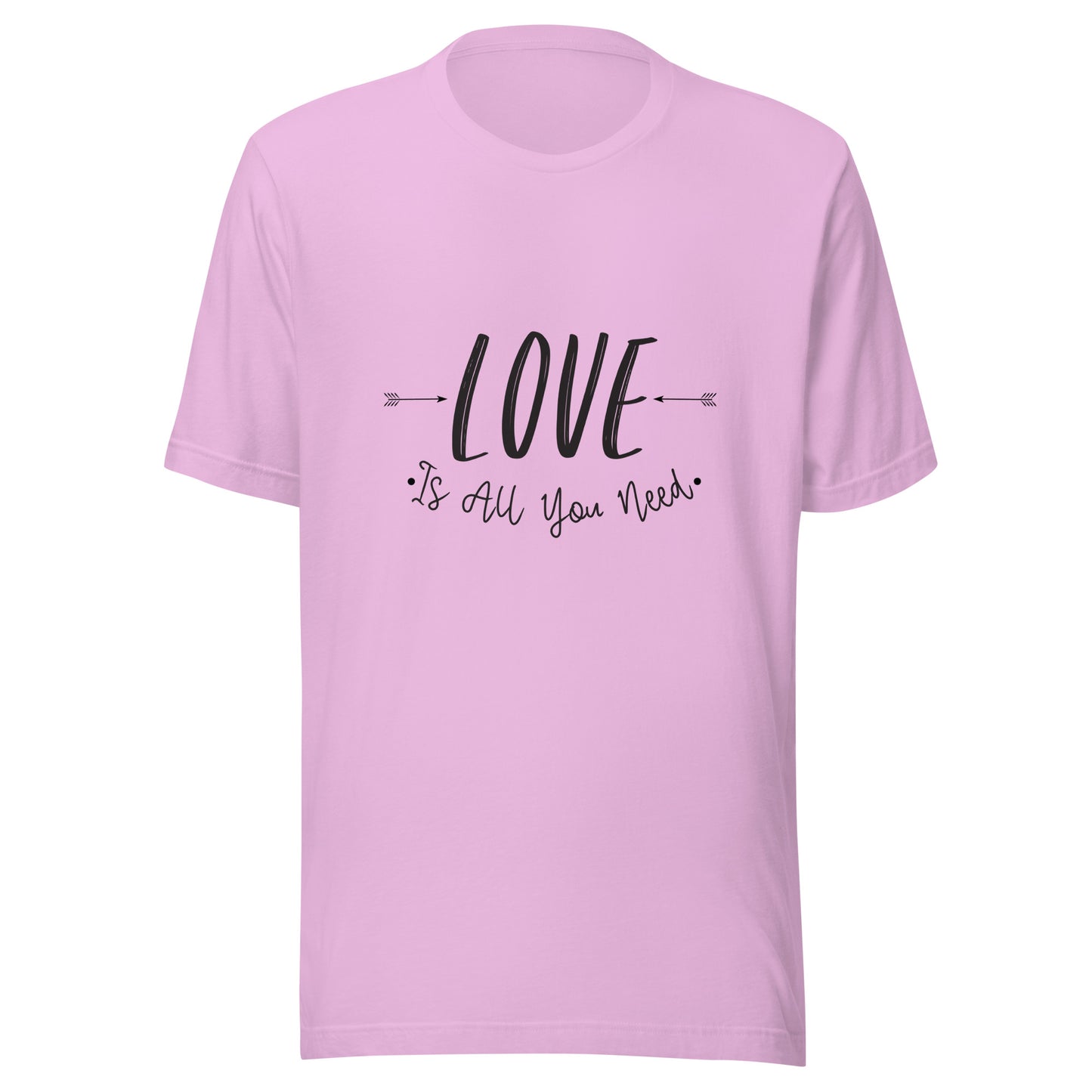 Lilac unisex t-shirt that says 'Love is all you need' with two arrows pointing at the word love. 
