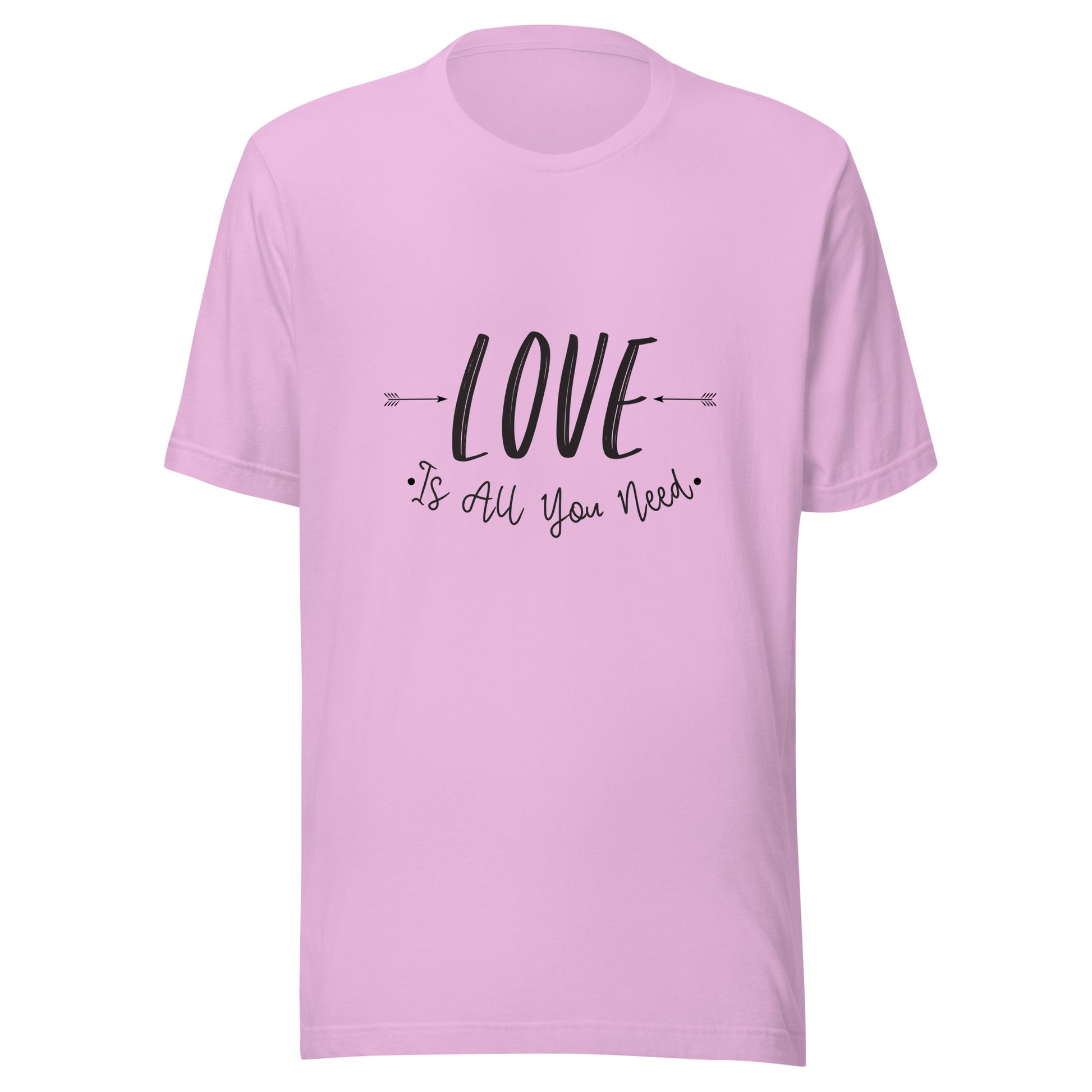 Lilac unisex t-shirt that says 'Love is all you need' with two arrows pointing at the word love. 