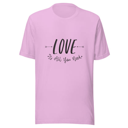 Lilac unisex t-shirt that says 'Love is all you need' with two arrows pointing at the word love. 