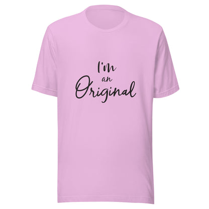 Lilac unisex short sleeve t-shirt that states 'I'm an Original'.