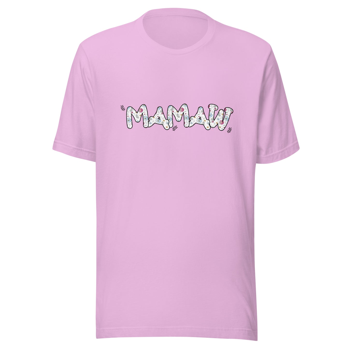 Lilac short sleeve unisex t-shirt that says Mamaw on the front written in cute font with flowers inside each letter. 