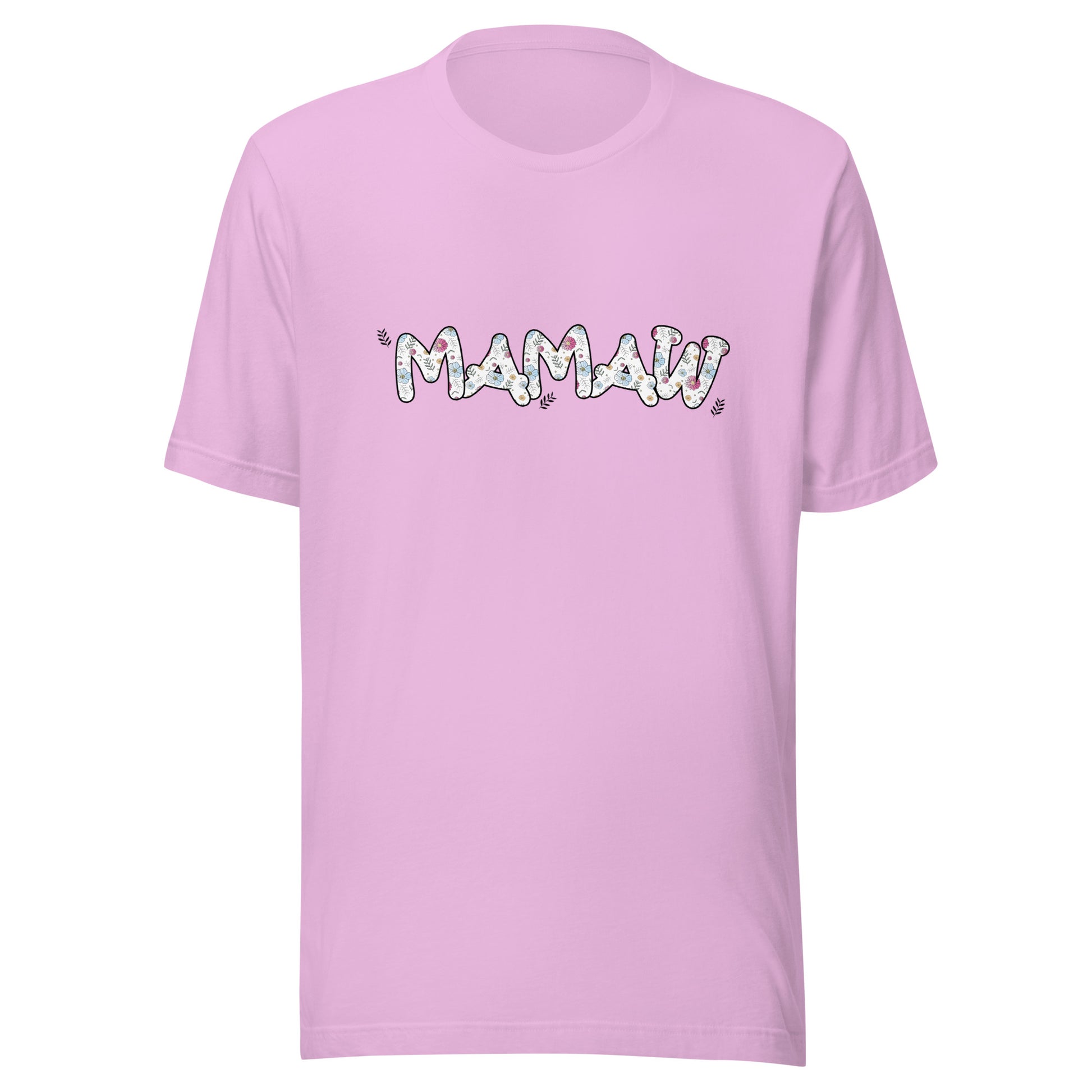 Lilac short sleeve unisex t-shirt that says Mamaw on the front written in cute font with flowers inside each letter. 