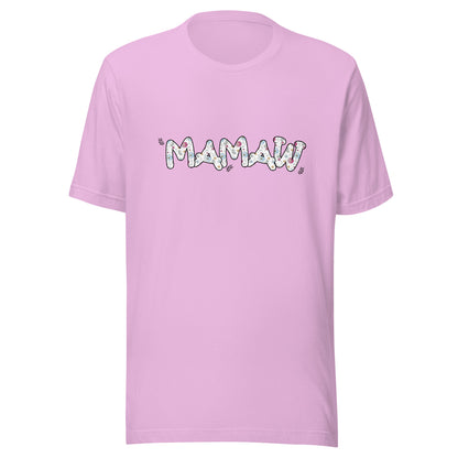 Lilac short sleeve unisex t-shirt that says Mamaw on the front written in cute font with flowers inside each letter. 