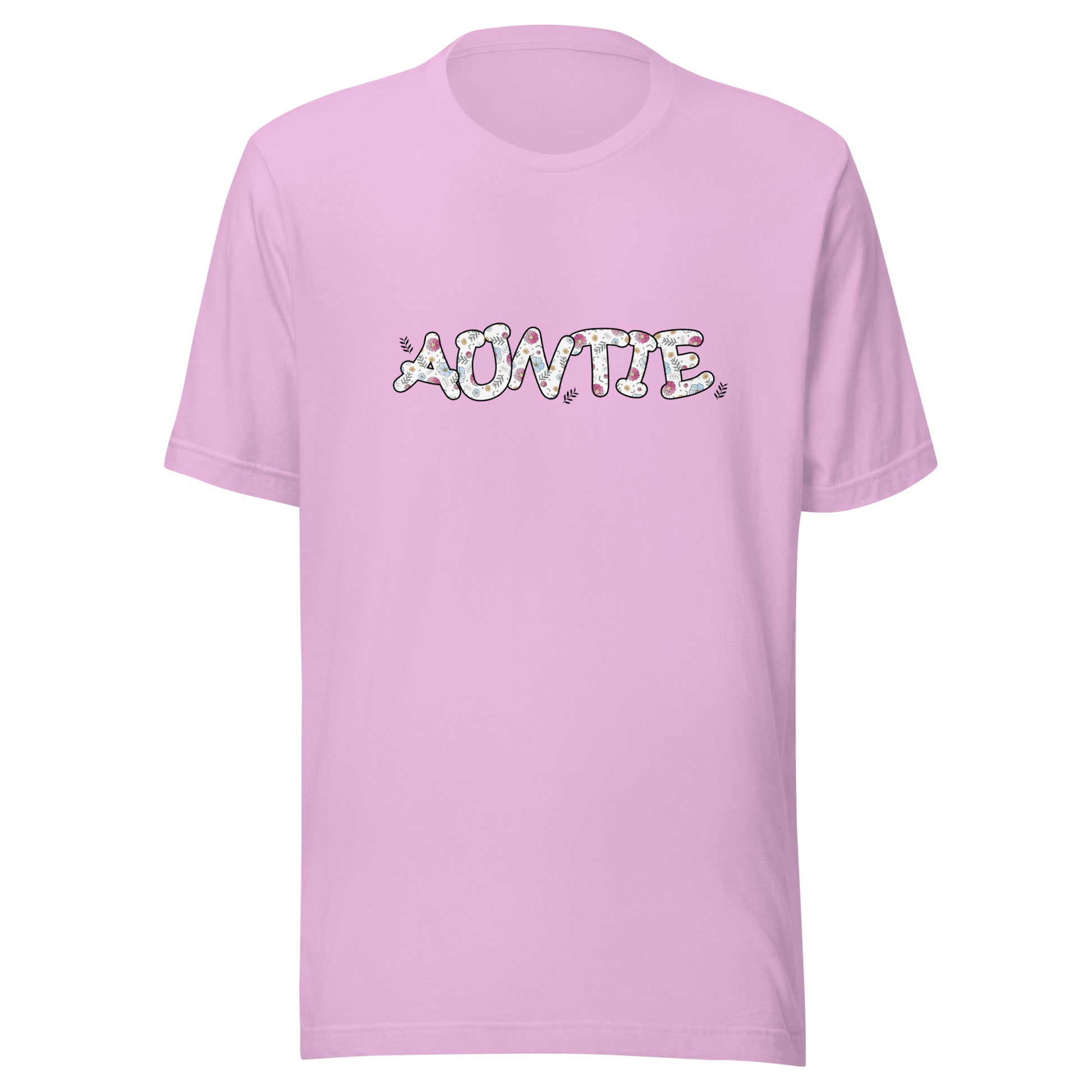 Lilac short sleeve unisex t-shirt that says Auntie on the front written in cute font with flowers inside each letter. 