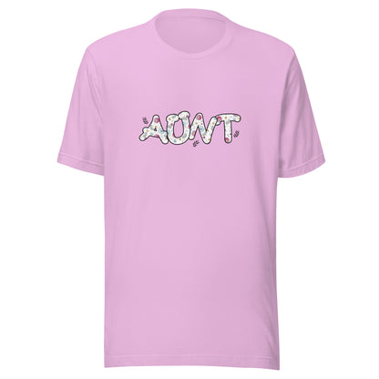 Lilac short sleeve unisex t-shirt that says Aunt on the front written in cute font with flowers inside each letter. 