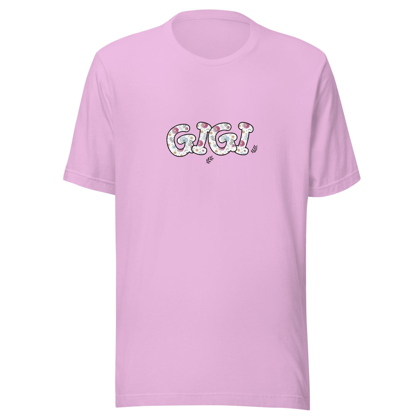 Lilac short sleeve unisex t-shirt that says Gigi on the front written in cute font with flowers inside each letter. 