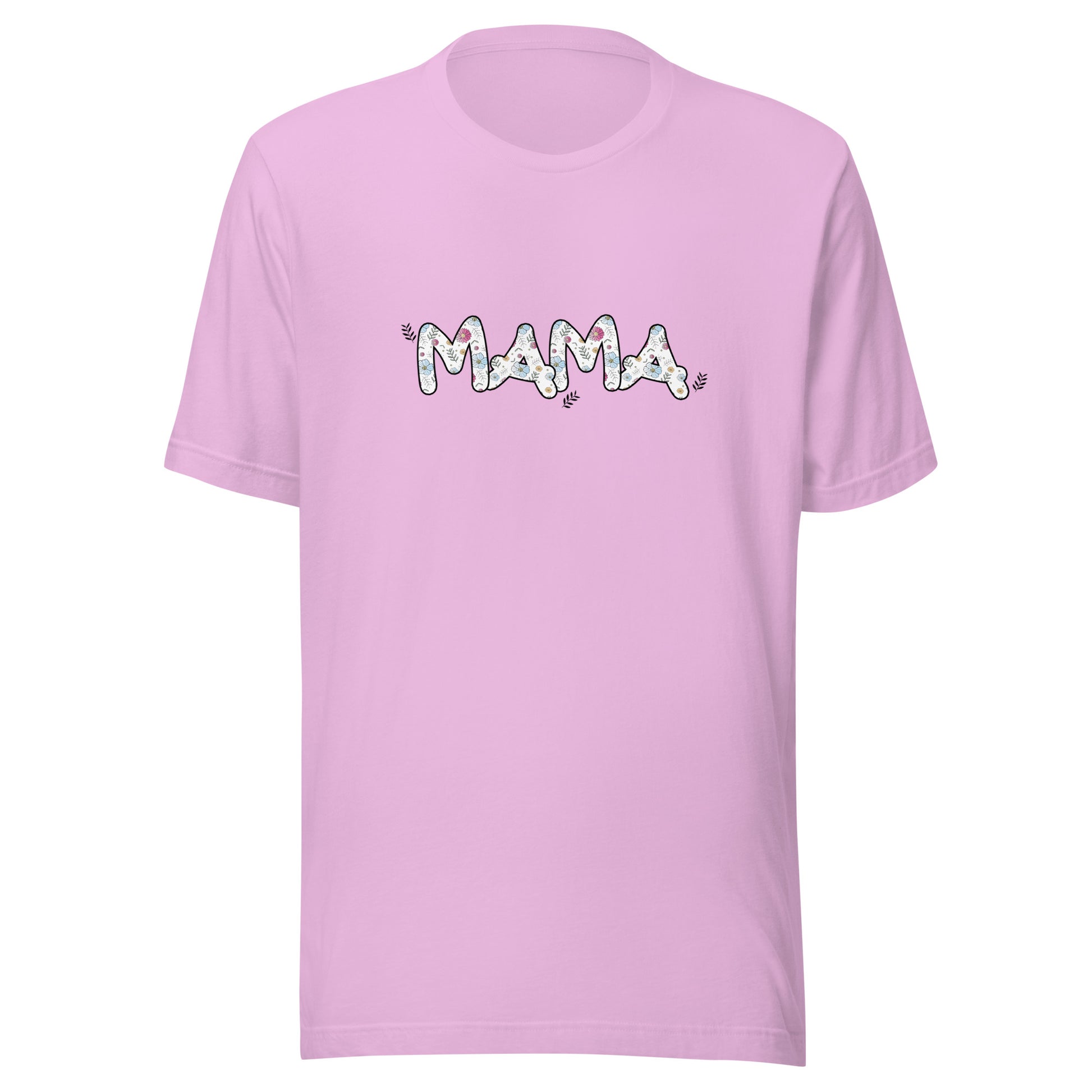 Lilac short sleeve unisex t-shirt that says Mama on the front written in cute font with flowers inside each letter. 