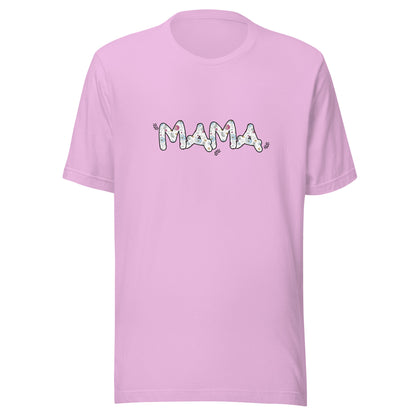 Lilac short sleeve unisex t-shirt that says Mama on the front written in cute font with flowers inside each letter. 